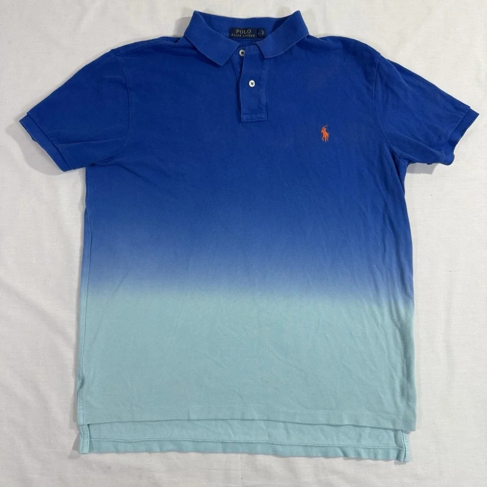 Polo Ralph Lauren Polo Shirt Mens L Blue Ombre Cotton Dip Dye Preppy Summer